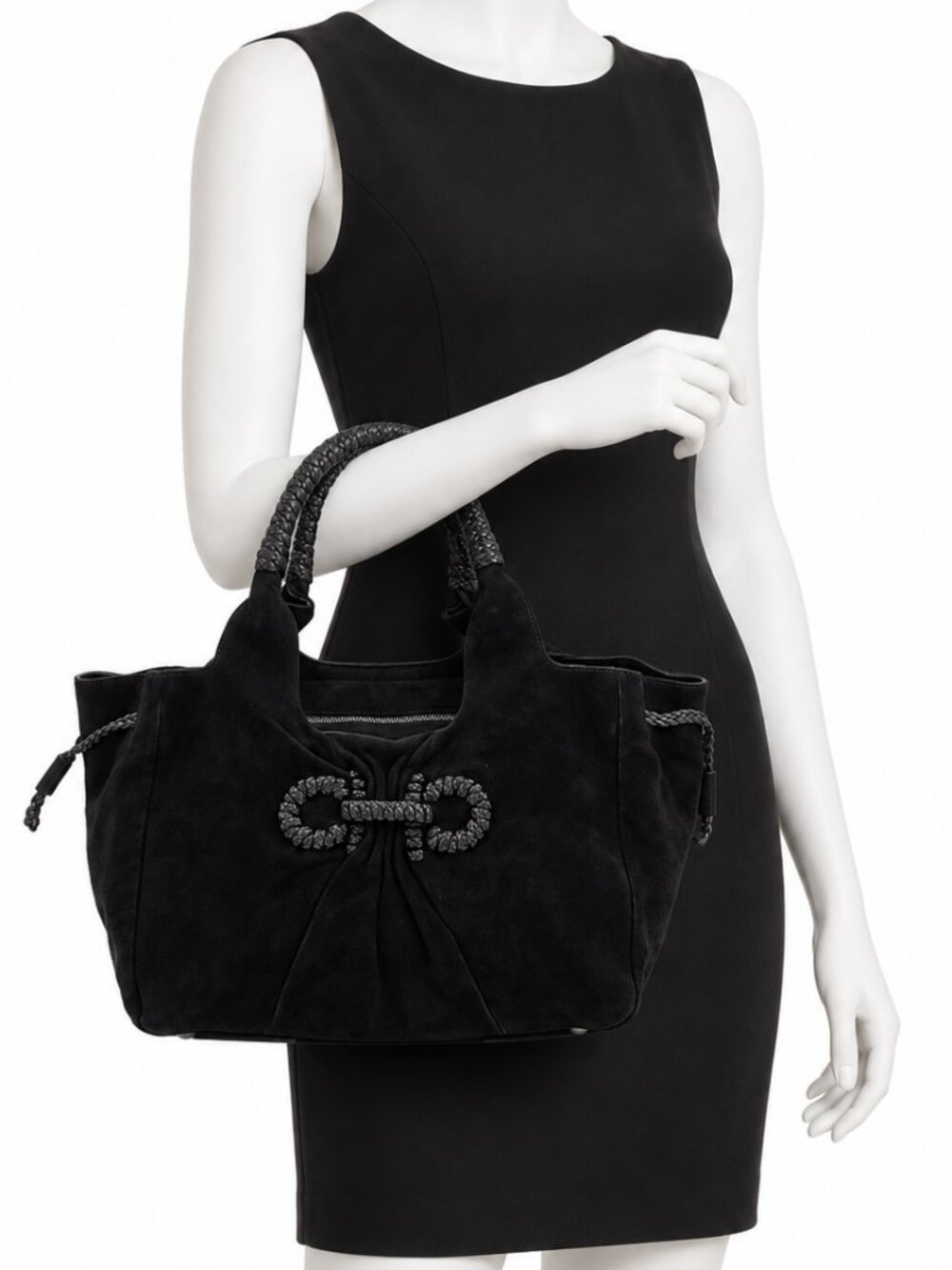 Salvatore Ferragamo Gancini Black Suede Tote Bag Braided Handle Bag